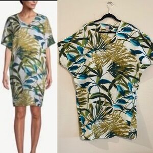 Chico's Women Midi Dress Large Green 100% Linen Tropical Resortwear Colorful
